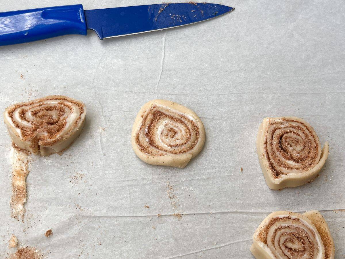 a smashed cinnamon sugar pie dough cookie before baking