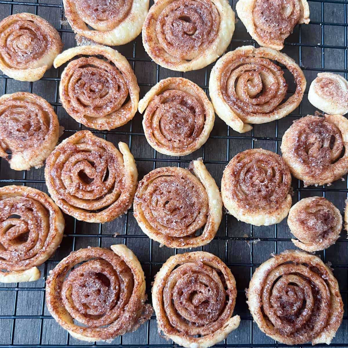 Cinnamon Sugar Pie Dough Cookies on a cooling rack