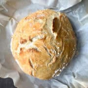 No Knead Bread on a piece of parchment paper