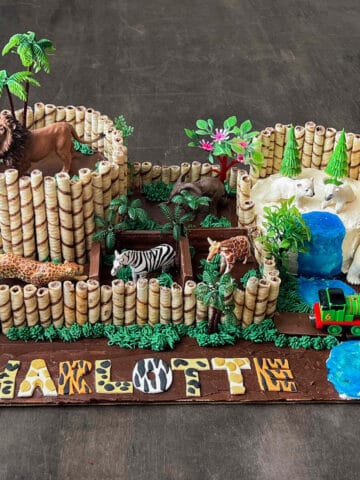 a zoo animal birthday cake with different animal exhibits