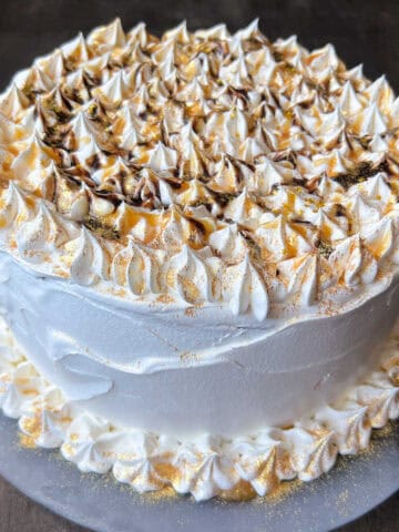 a Caramel Mocha Ice Cream Cake decorated with gold dust, caramel and chocolate syrup