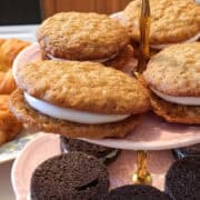 oatmeal cream pies on the top of a 3 tiered server