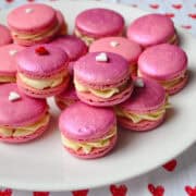 a plate of nut free Valentine's Day macarons