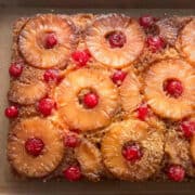 Pineapple Upside Down Cake on a baking sheet