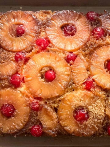Pineapple Upside Down Cake on a baking sheet