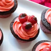 Chocolate Raspberry Truffle Cupcakes on a white platter