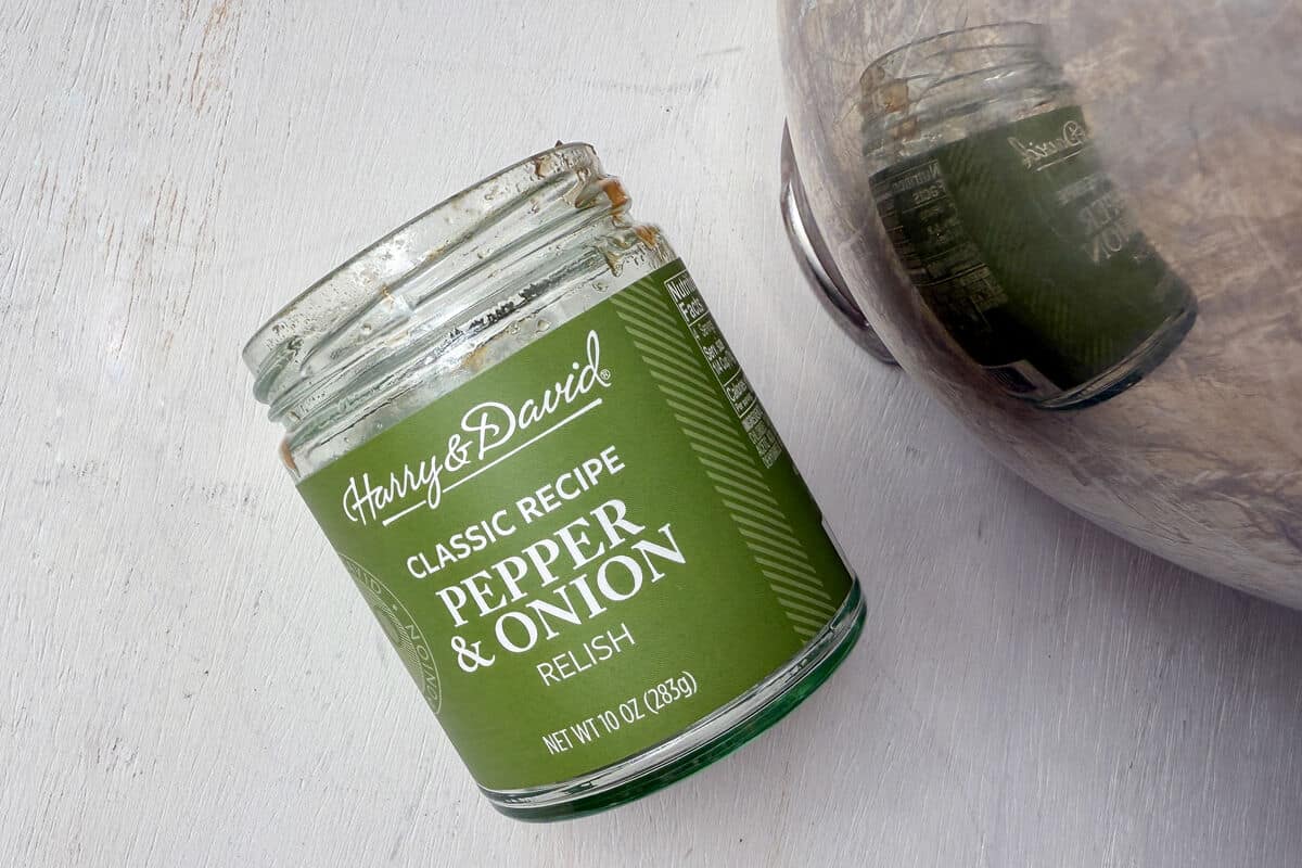 an empty jar of Harry & David Pepper and Onion Relish
