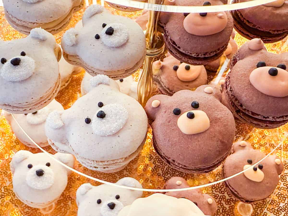 Polar Bear Macarons and Teddy Bear Macarons on a 3 tiered server