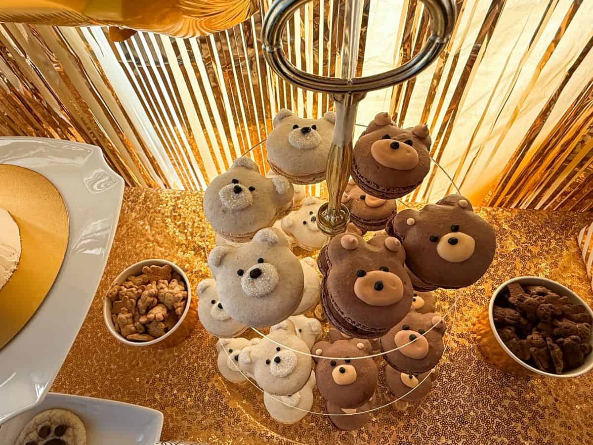 polar bear macarons and teddy bear macarons on a 3-tiered server