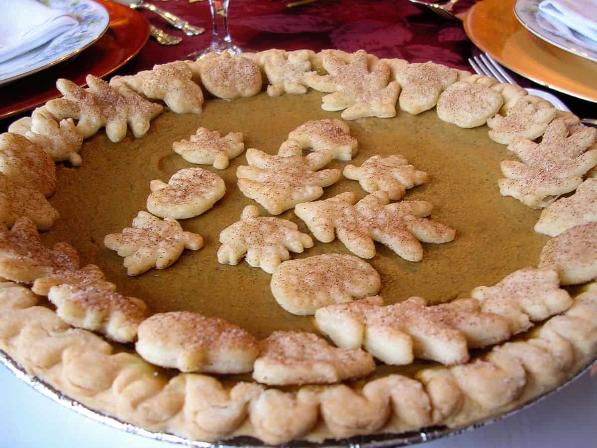 a Rich Pumpkin Pie with pie crust leaves on top