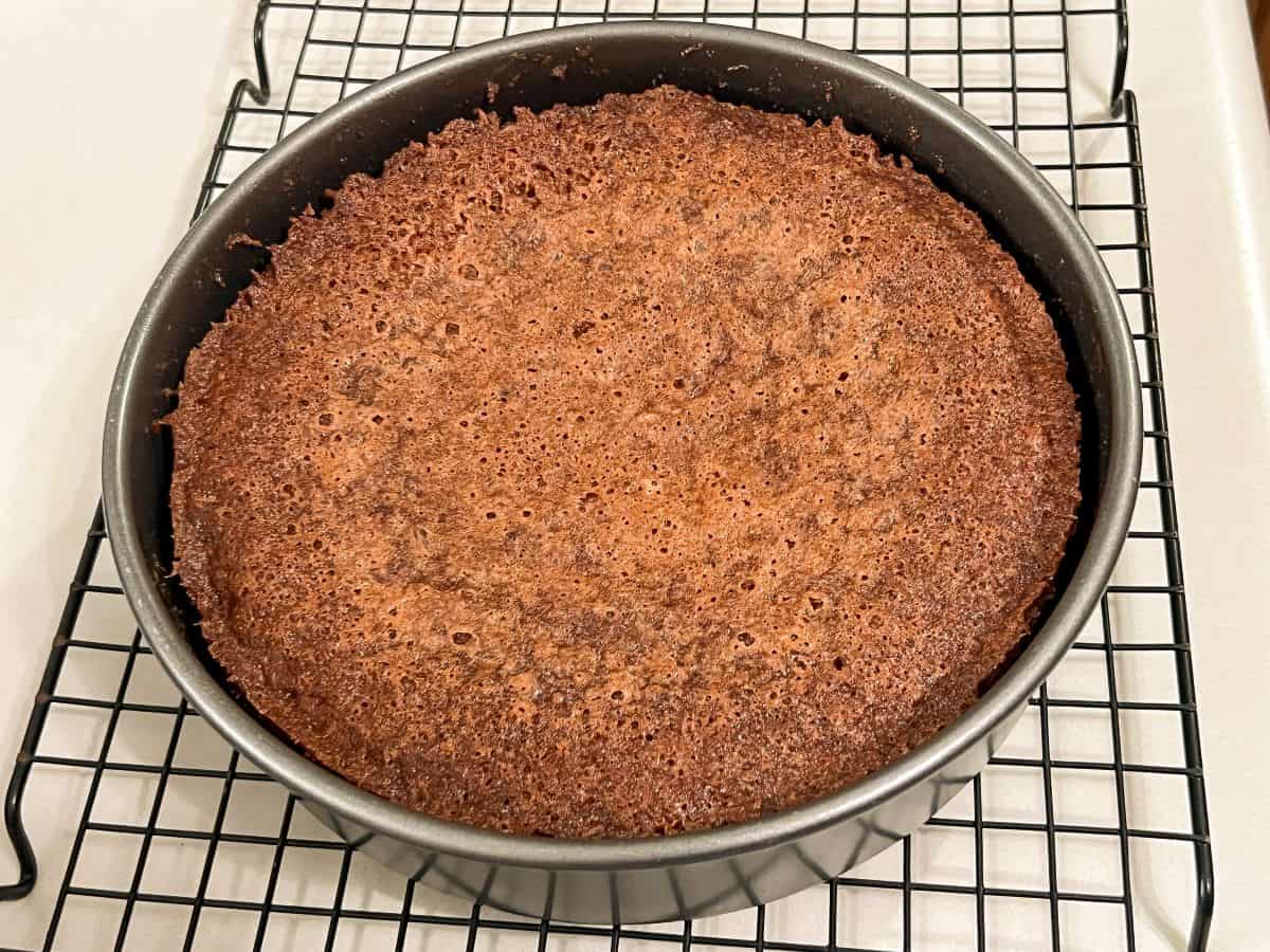 a baked carrot cake in a round pan on a cooling rack