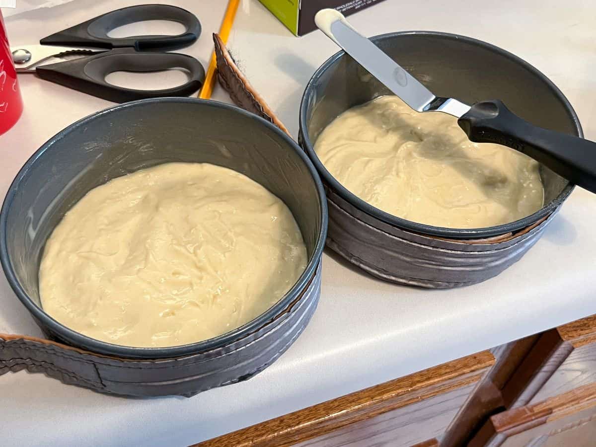 two round cake pans with cake batter smoothed into a thin layer