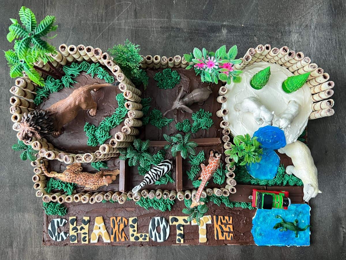 the top of a zoo cake showing all of the exhibits