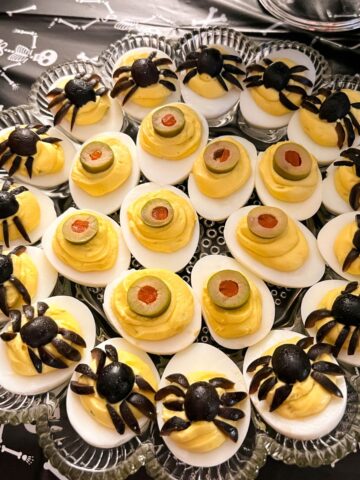 Halloween Deviled Eggs on an egg platter