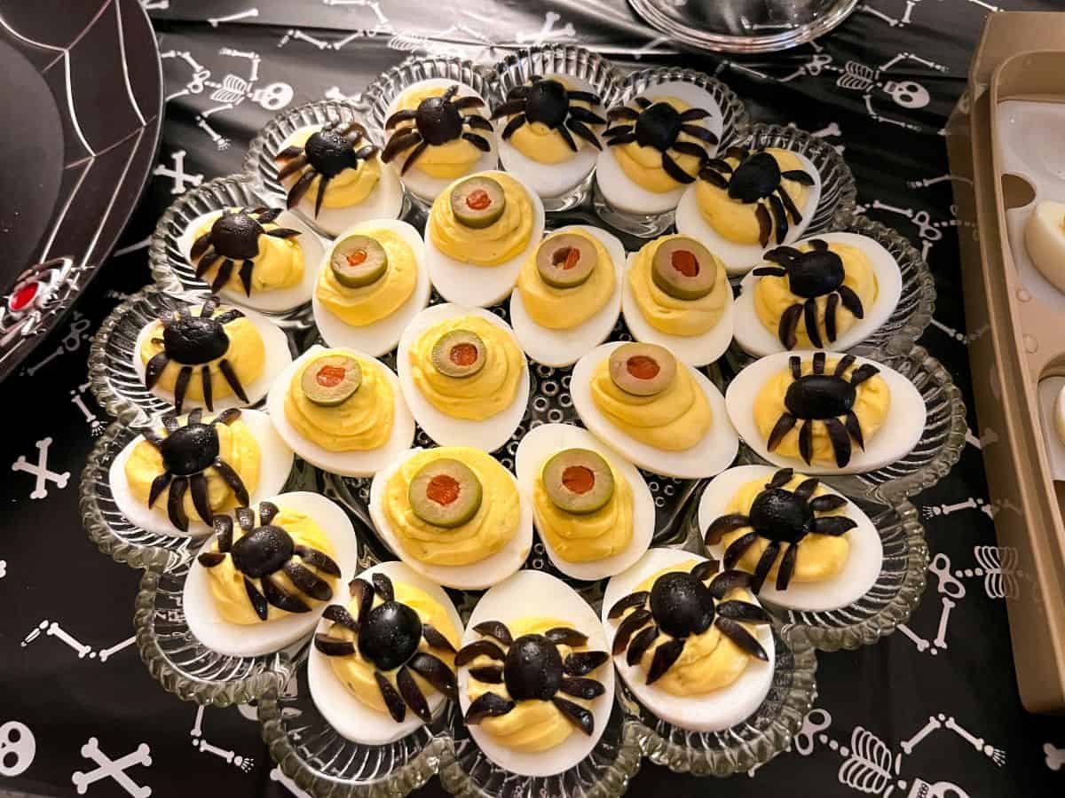 Halloween Deviled Eggs on an egg platter