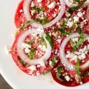 Feta Caprese Salad on a white plate