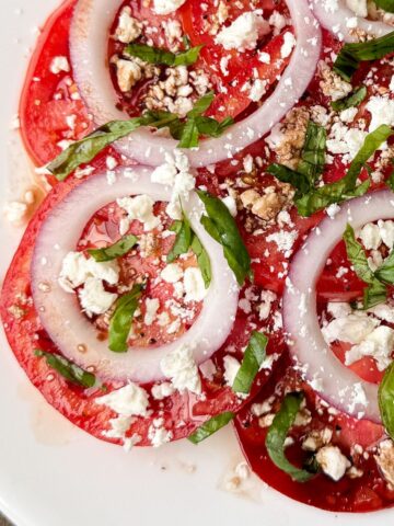 Feta Caprese Salad on a white plate