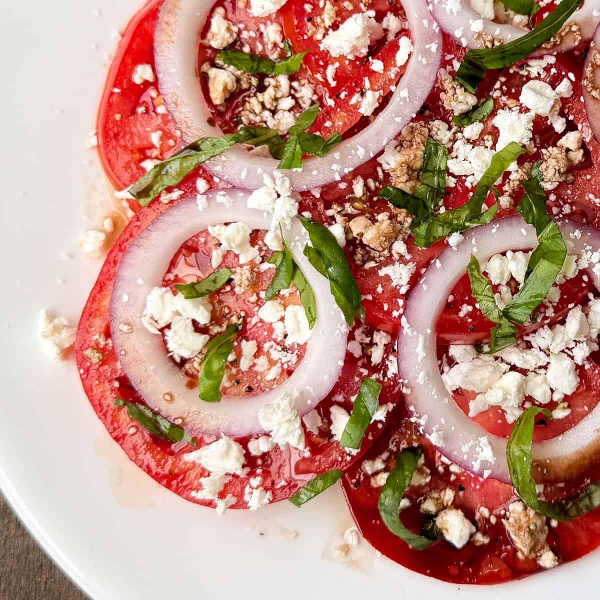 Feta Caprese Salad on a white plate