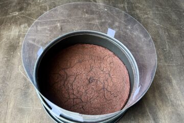 a brownie crust in a springform pan with an acetate collar on top