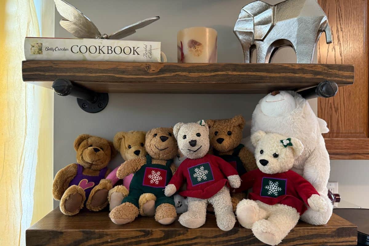teddy bears on a wooden shelf