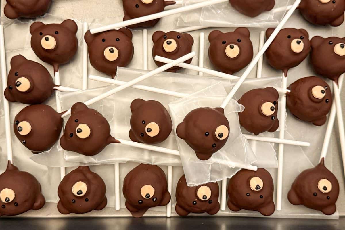 many teddy bear cake pops on waxed paper in a cake pan