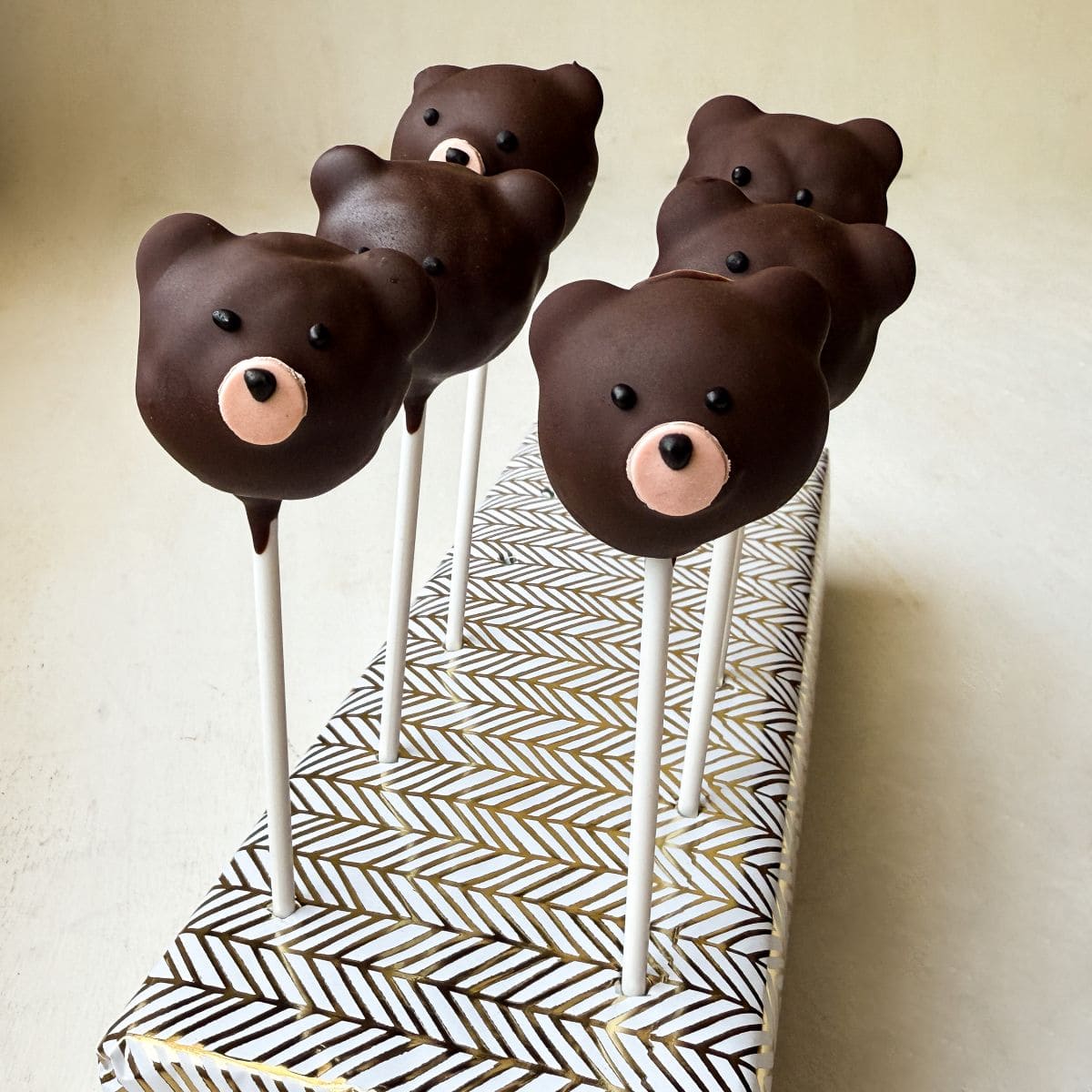 Teddy Bear Cake Pops in a Styrofoam block