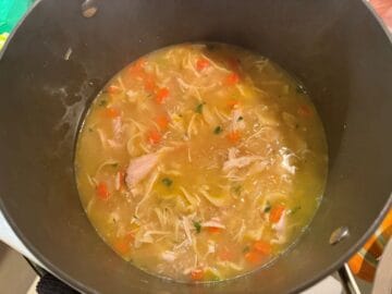 a stock pot filled with chicken noodle soup