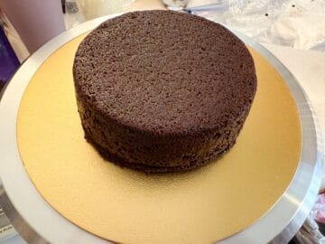 a single layer of chocolate cake on a gold cake board