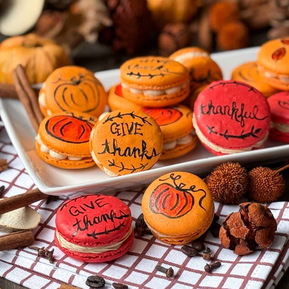 Painted Thanksgiving Macarons on a white plate with fall foliage surrounding it 