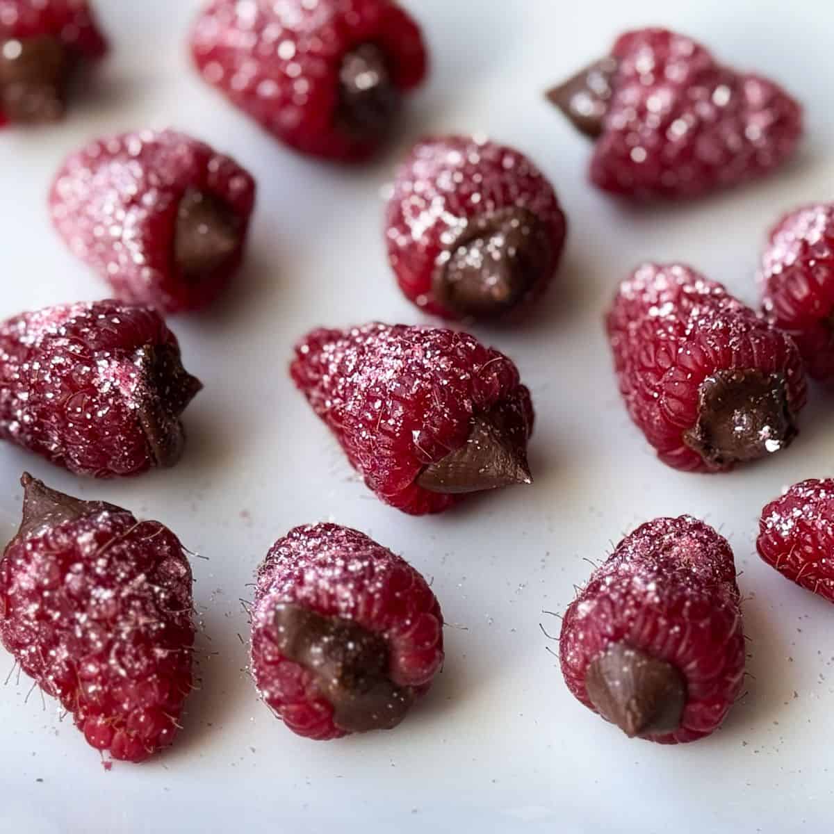 chocolate truffle raspberries with edible pink glitter on them