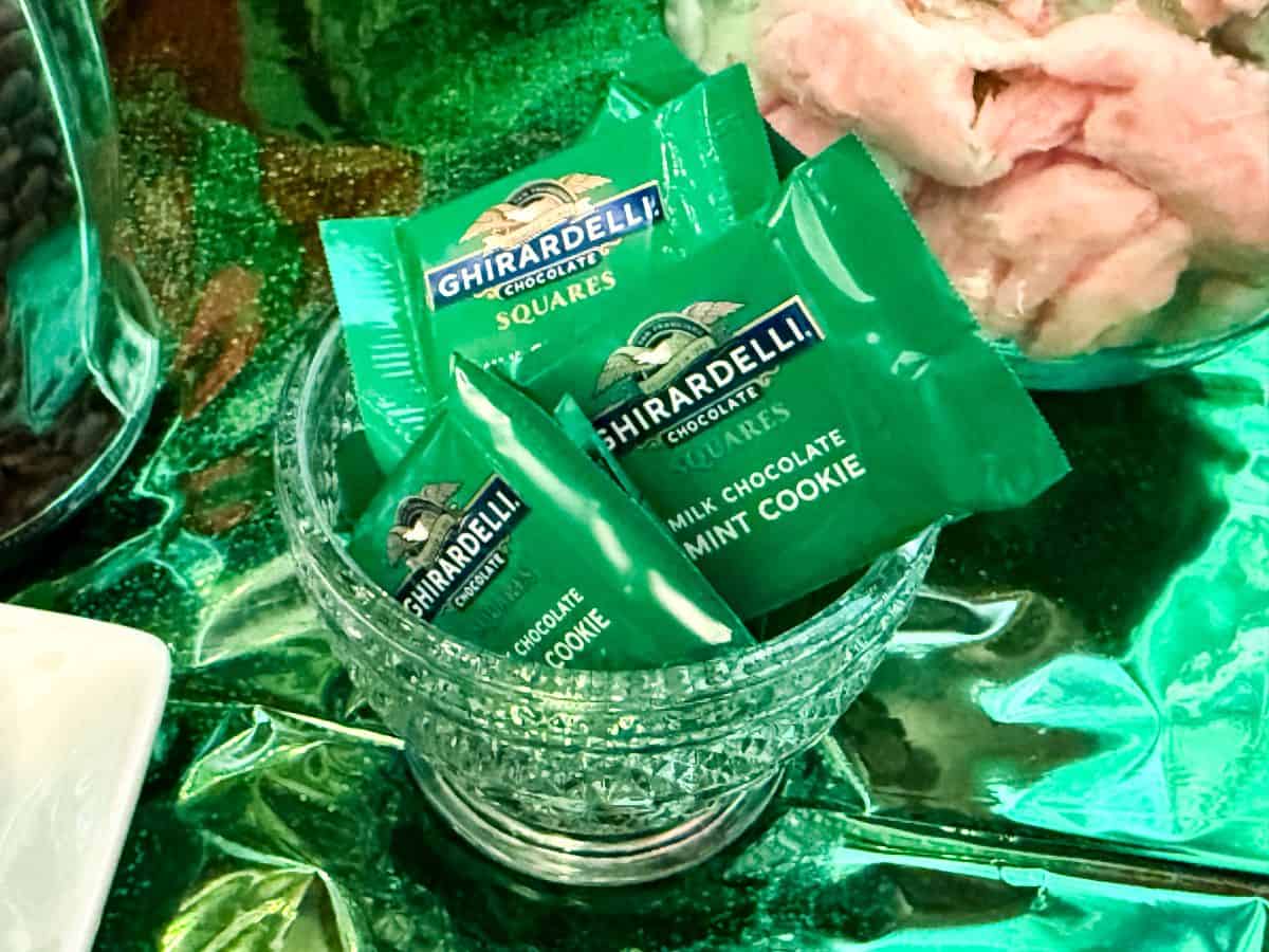 Ghirardelli mint chocolate cookie squares in a glass bowl