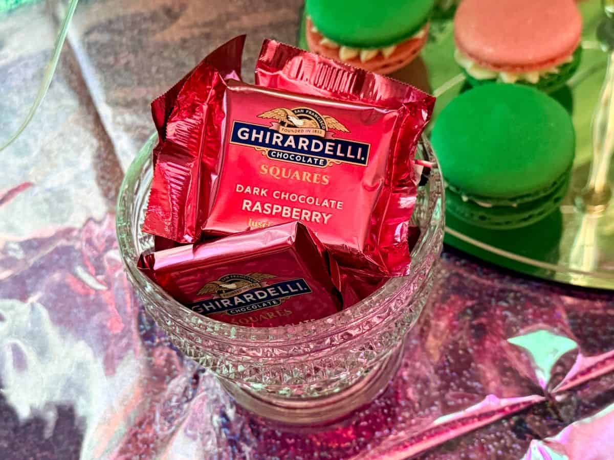 Ghirardelli chocolate raspberry squares in a glass bowl