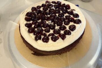 a single layer chocolate cake covered with whipped cream with chopped amarena cherries on top