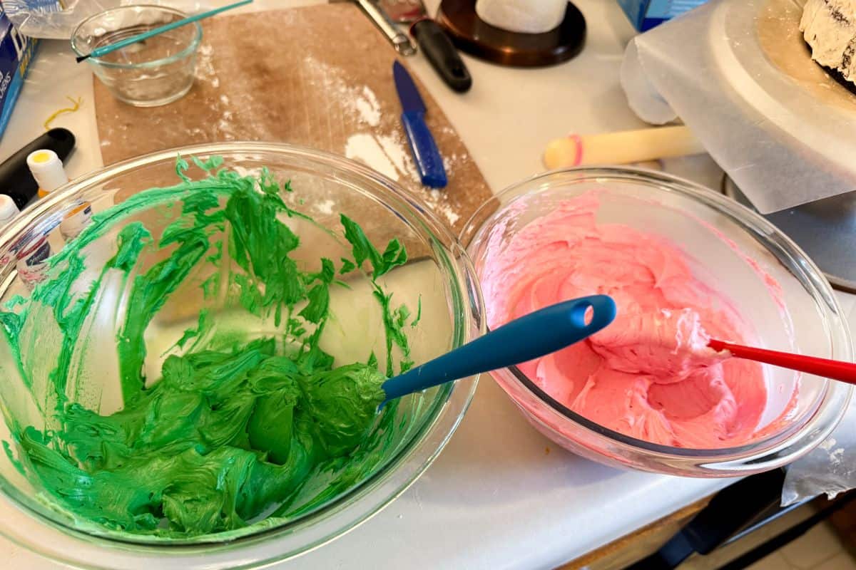 bowls of green and pink buttercream