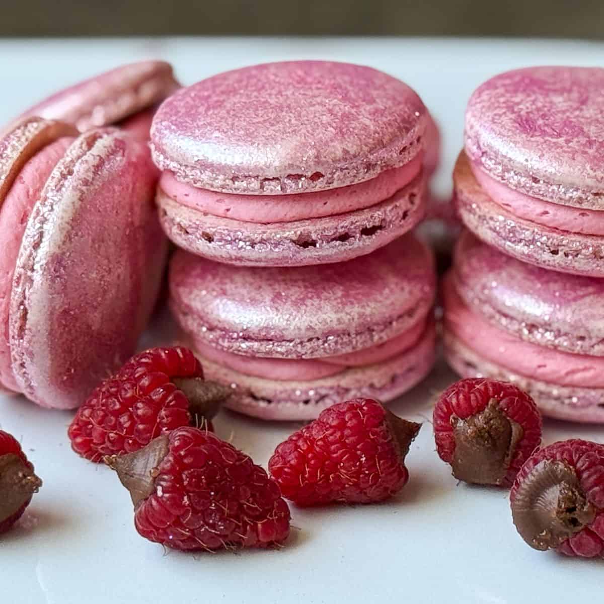 Nut Free Raspberry Truffle Macarons on a white plate with truffled raspberries