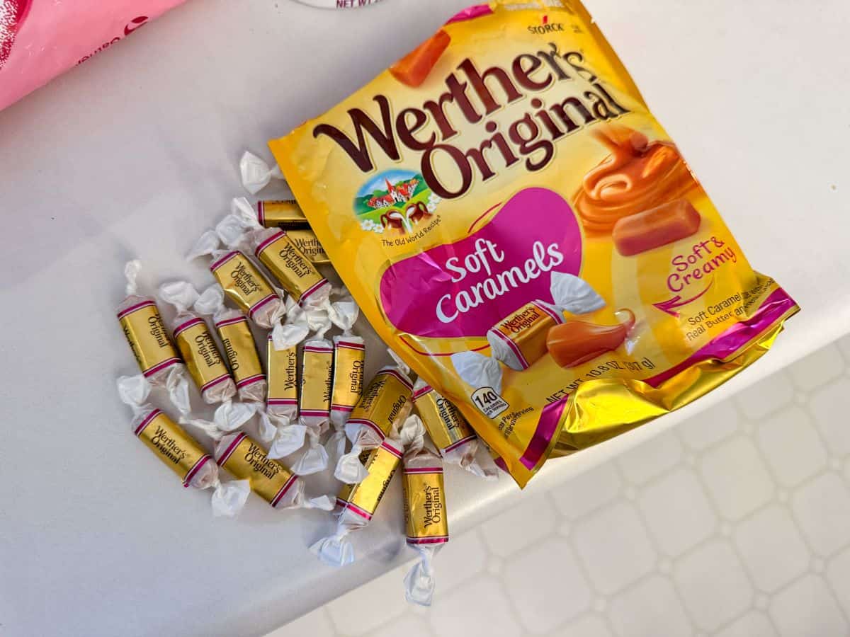 Werther's Original soft caramels bag with the candy spilling out