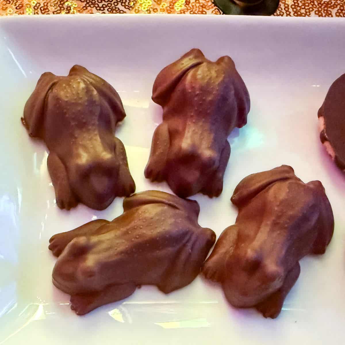 Easy Chocolate Frogs on a white plate