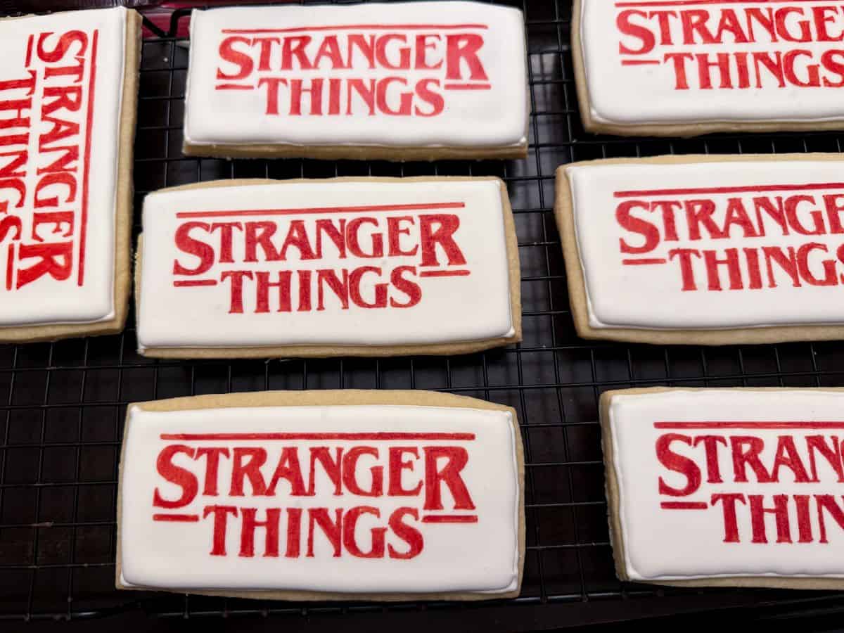 completed Stranger Things Cookies drying on a cooling rack