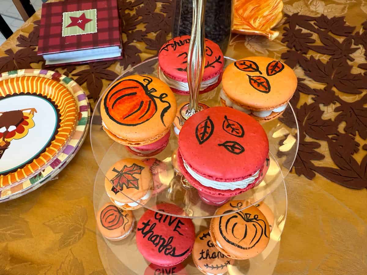 fall and Thanksgiving macarons on a 3-tiered server