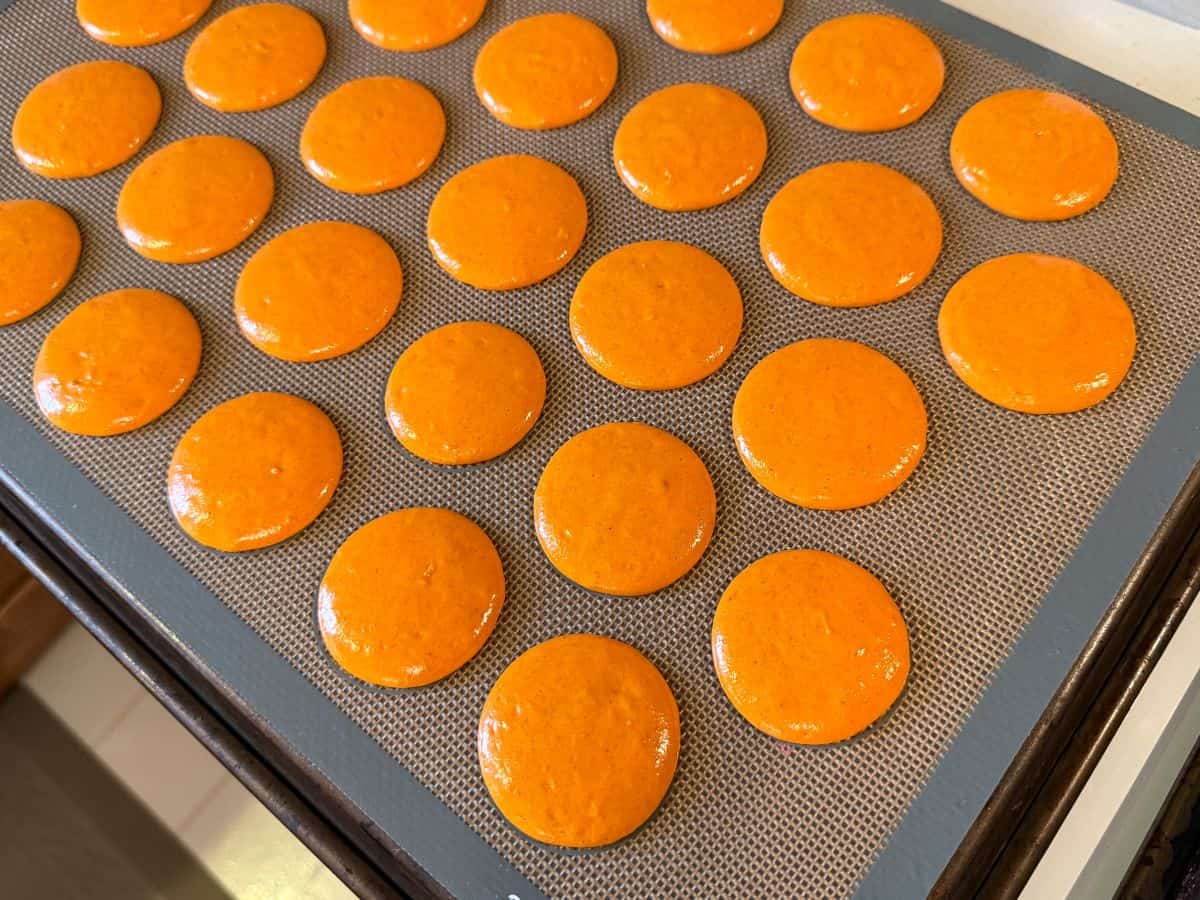 nut free macaron batter piped on a macaron mat