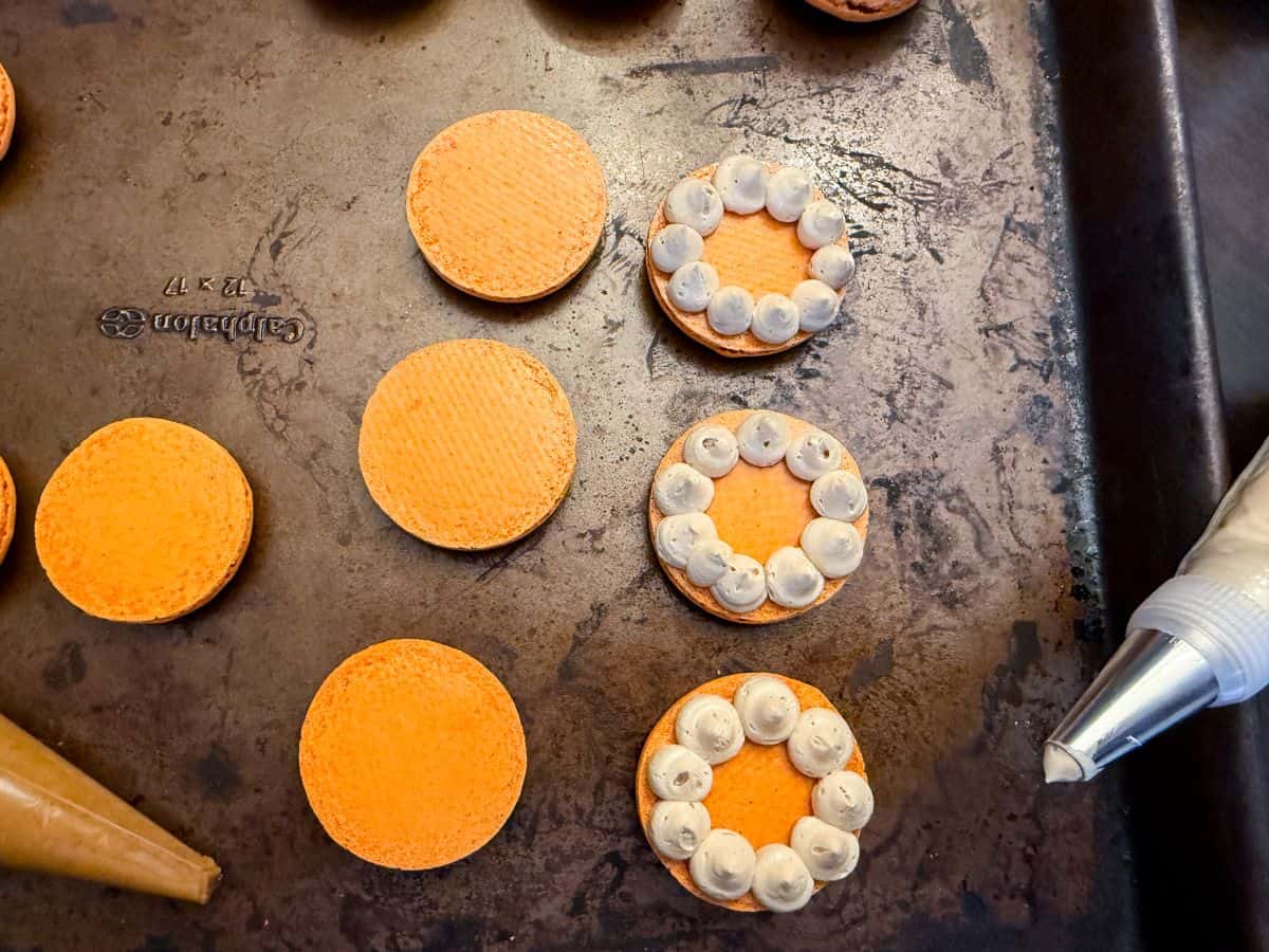 three orange macaron shells with piped dots of coffee buttercream as borders 