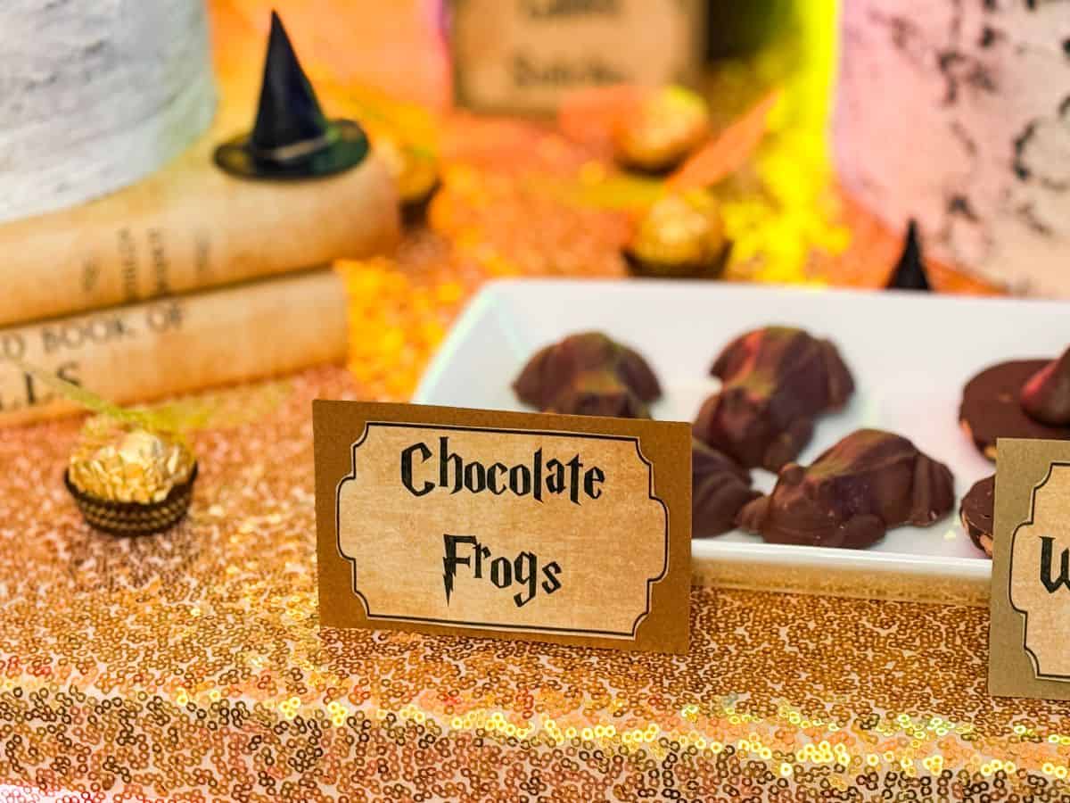 Easy Chocolate Frogs on a white plate with a label on a Harry Potter dessert table