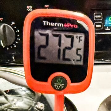 a digital candy thermometer with the reading of 272.5 degrees Fahrenheit