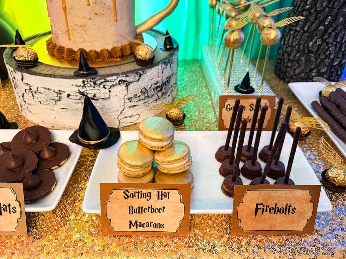 Sorting Hat Butterbeer Macarons on Harry Potter dessert table