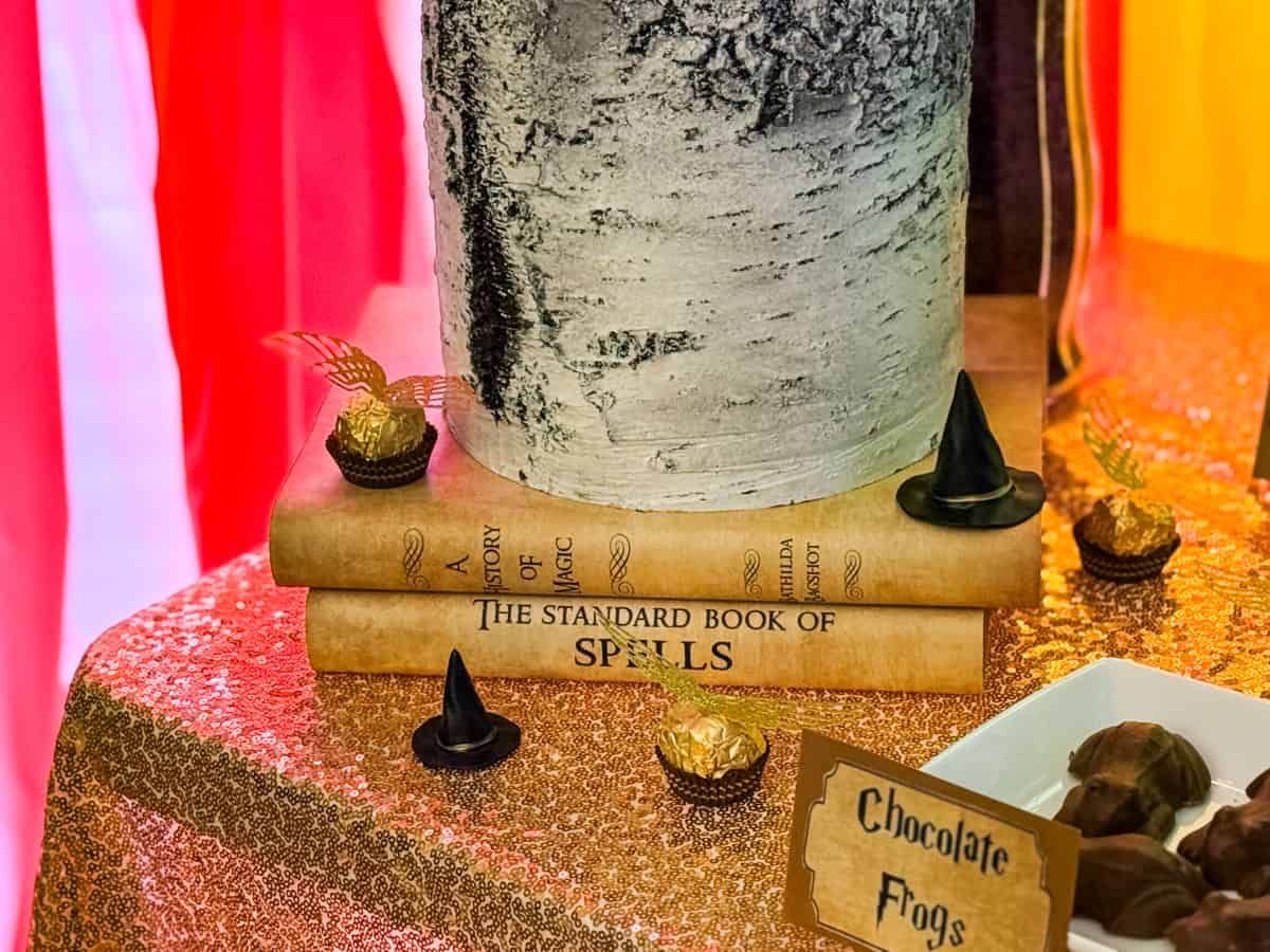 Harry Potter spell books stacked on a dessert table with a white birch stump and Golden Snitch Candies