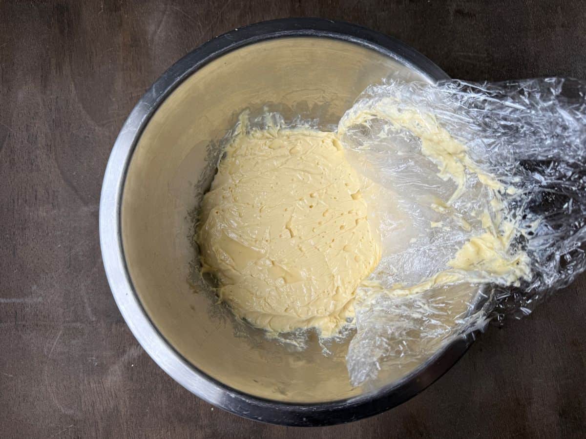 plastic wrap peeled off of chilled eggnog pastry cream