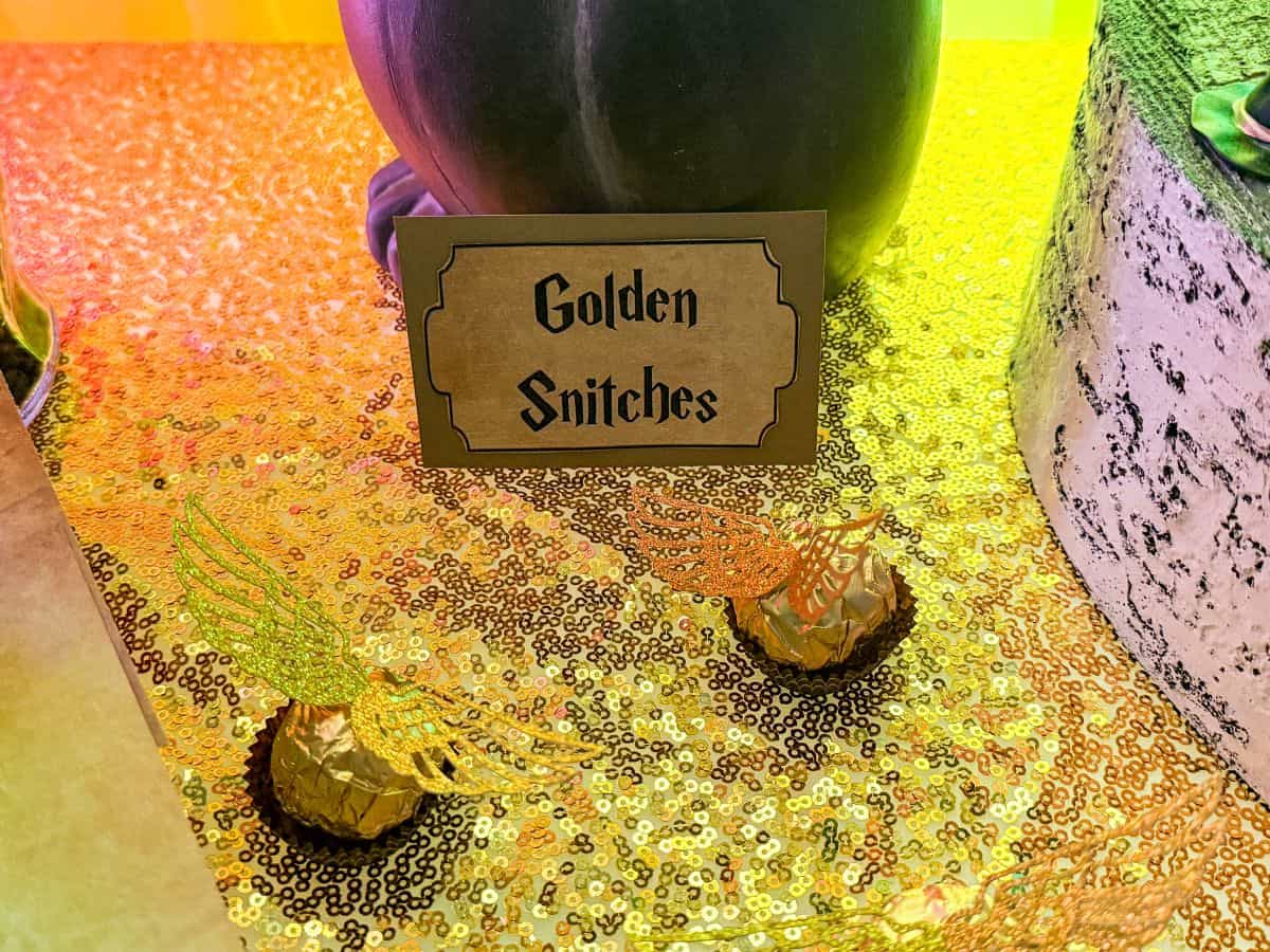 Harry Potter dessert table with a food label "Golden Snitches"