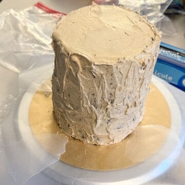 4 layers of chocolate cake stacked up completely covered in butterscotch buttercream