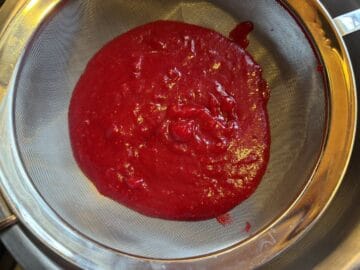 cranberry puree in a fine mesh wire strainer set over a bowl