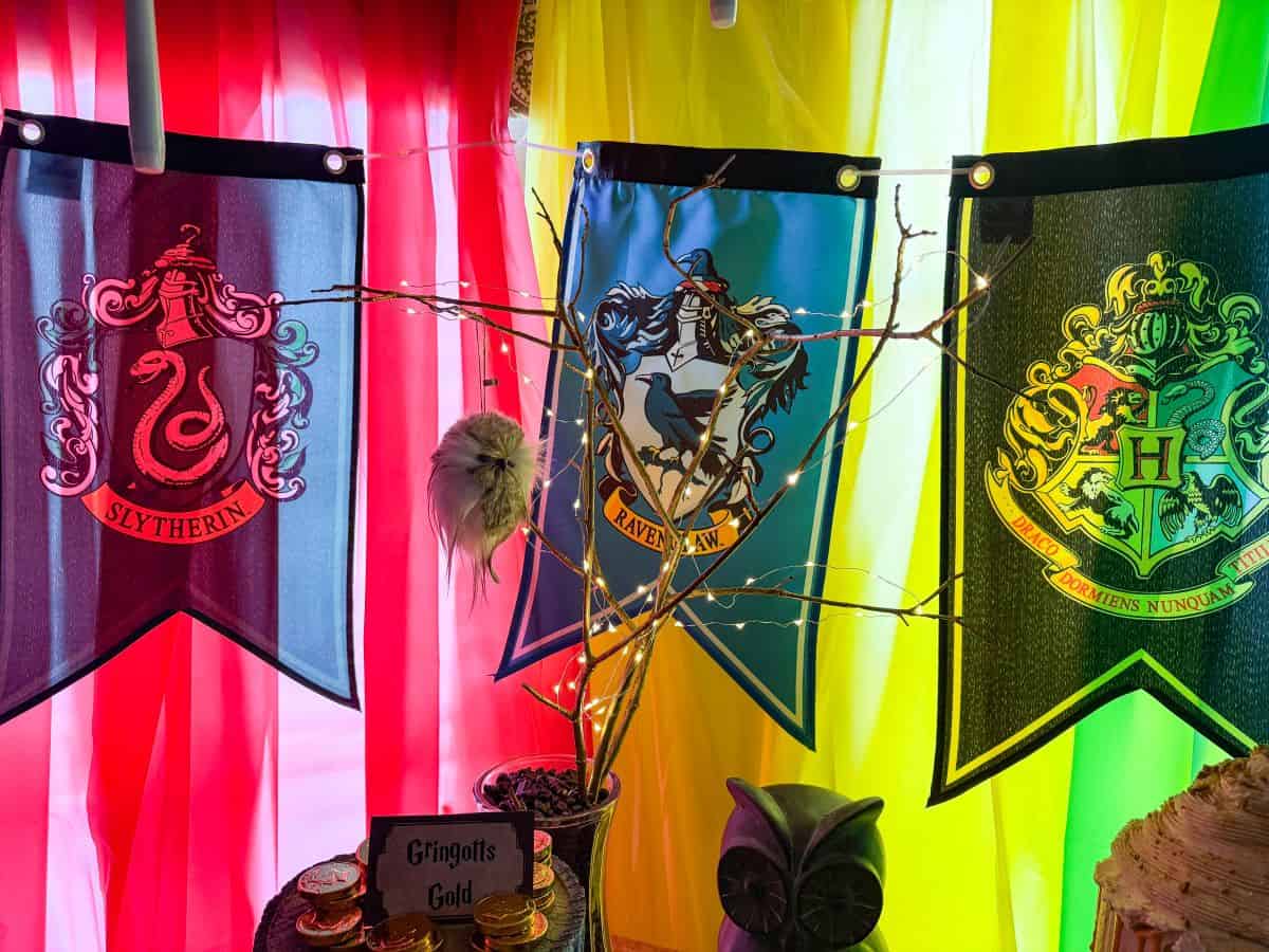 a twig tree with an owl ornament hanging from it on a Harry Potter dessert table